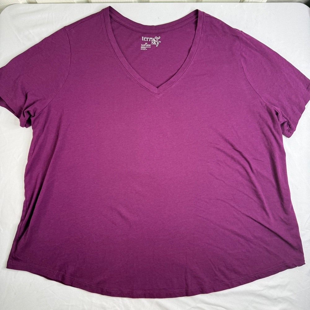 Terra & Sky Womens Purple V-Neck Short Sleeve Curved Hem Tee Shirt 3X 24W-26W